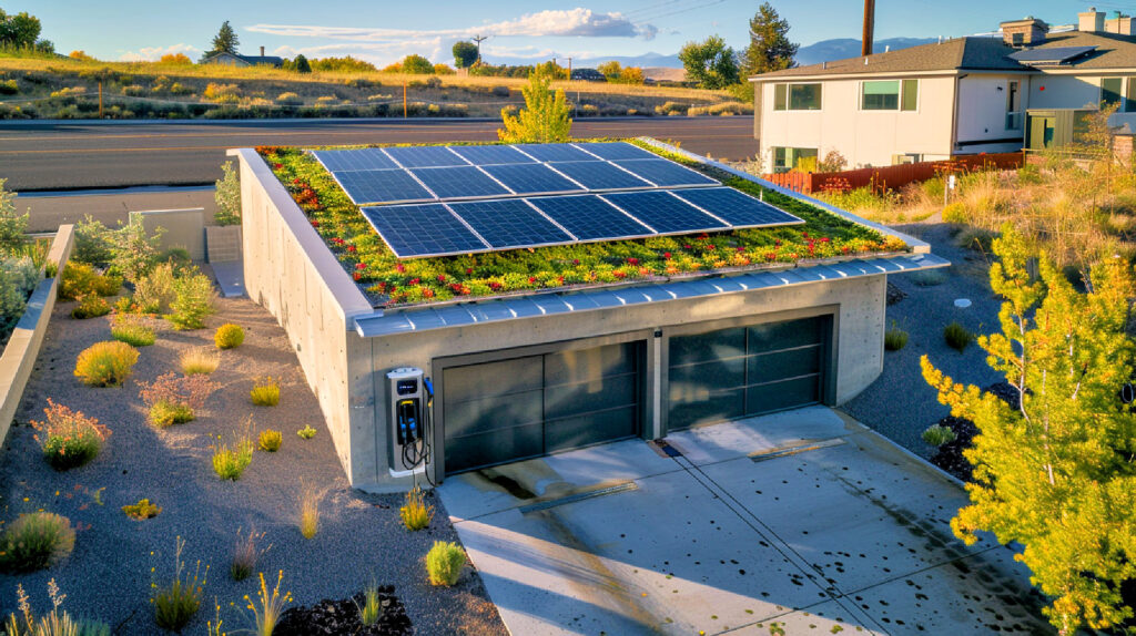 Nachhaltigkeit und Funktionalität vereint in einer modernen Garagenlösung (Bild: Midjourney KI).